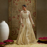 Magnolia Cream Organza Embellished Jacket with Metal Bustier and Skirt