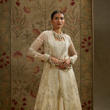 Magnolia Cream Organza Embellished Jacket with Metal Bustier and Skirt