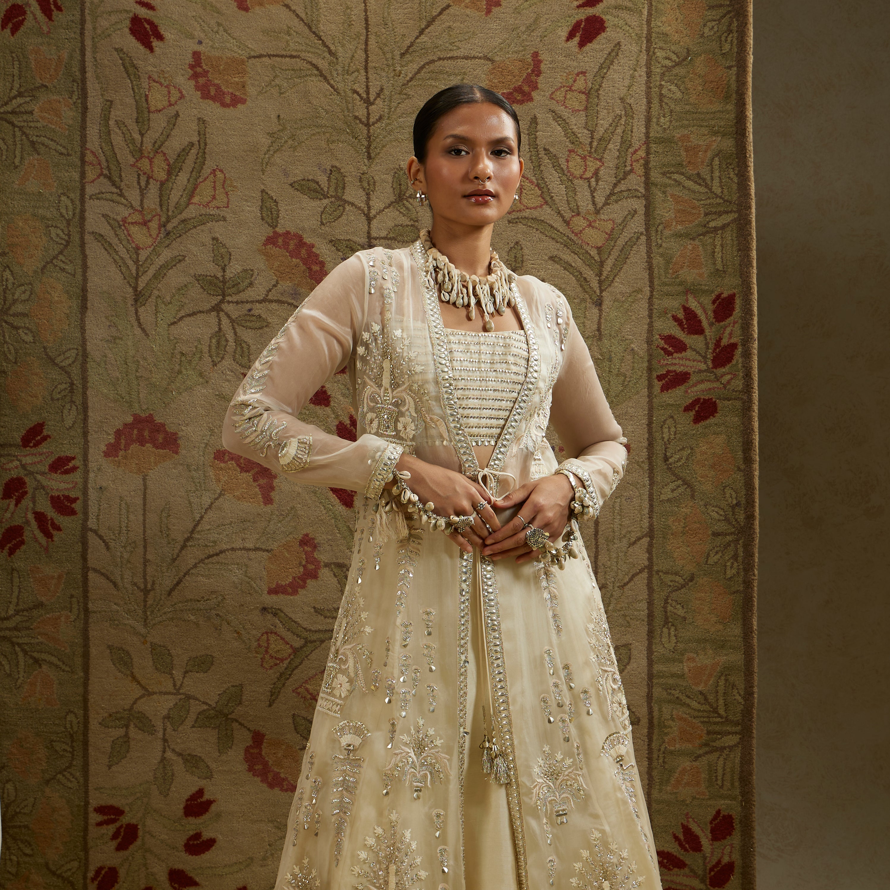 Magnolia Cream Organza Embellished Jacket with Metal Bustier and Skirt