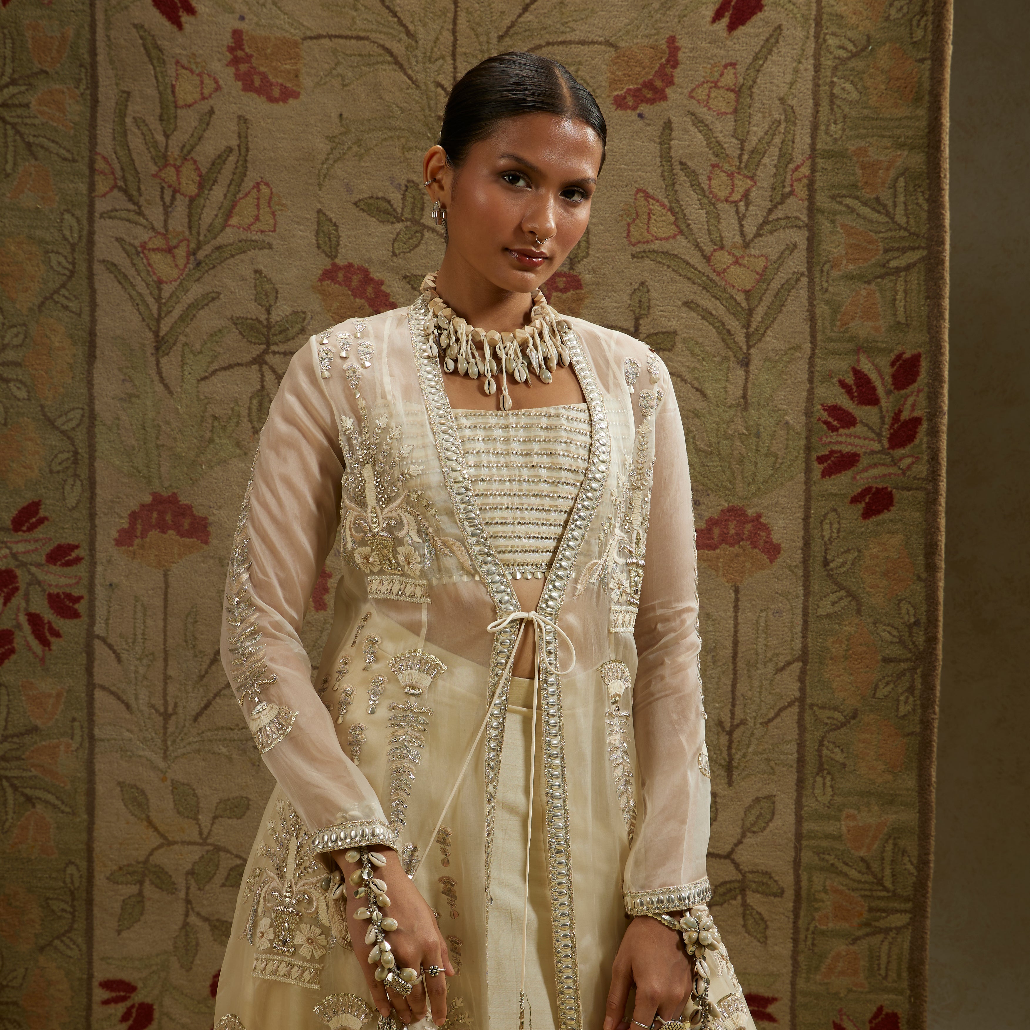 Magnolia Cream Organza Embellished Jacket with Metal Bustier and Skirt