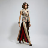 BLUE ABSTRACT EMBELLISHED JACKET PAIRED WITH SAMSARA STRIPE FLARED PANTS