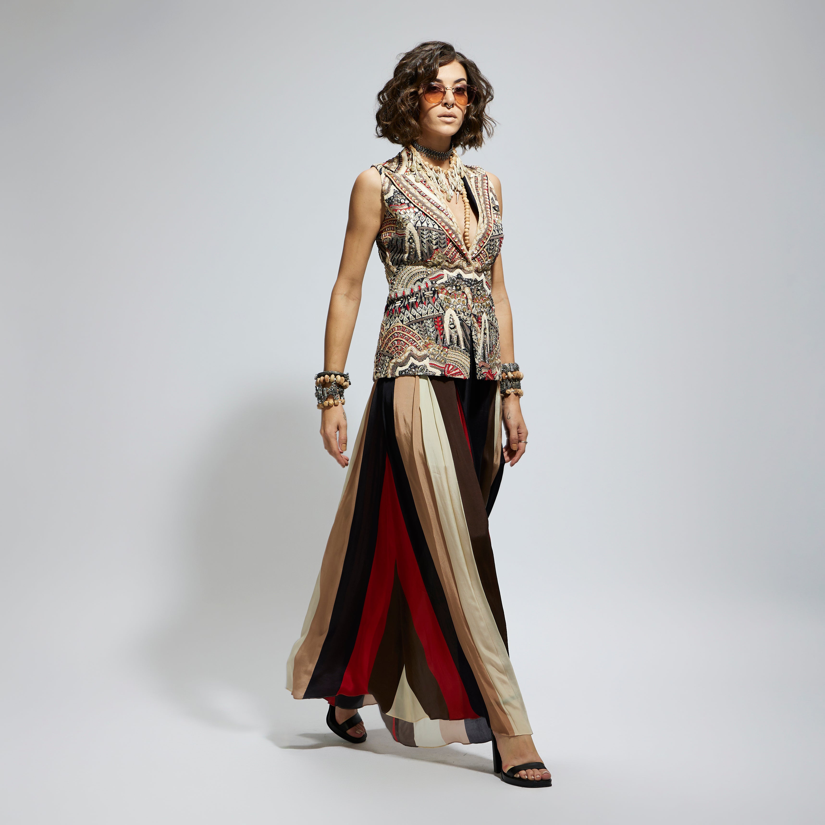 BLUE ABSTRACT EMBELLISHED JACKET PAIRED WITH SAMSARA STRIPE FLARED PANTS