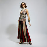 BLUE ABSTRACT EMBELLISHED JACKET PAIRED WITH SAMSARA STRIPE FLARED PANTS