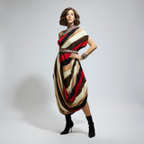 SAMSARA STRIPE ONE SHOULDER COWL DRESS TEAMED WITH A BELT