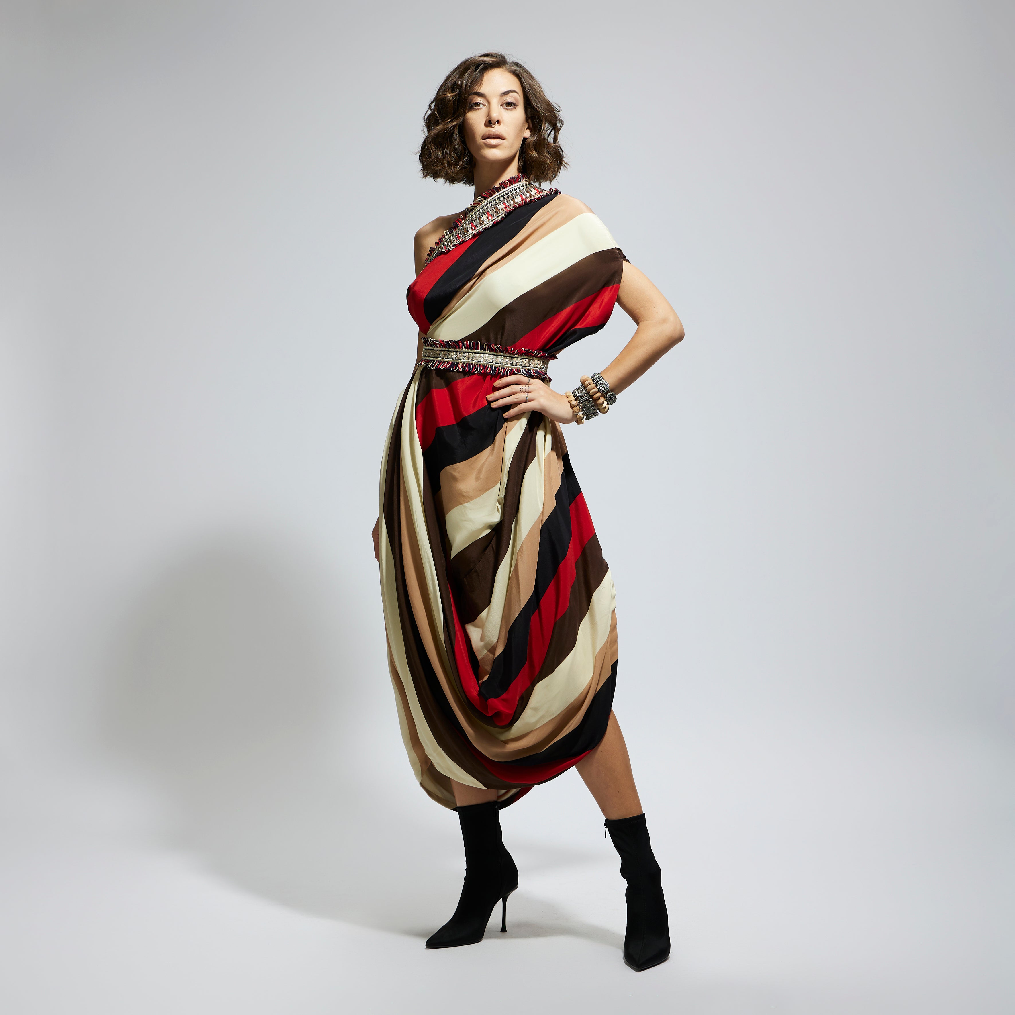 SAMSARA STRIPE ONE SHOULDER COWL DRESS TEAMED WITH A BELT