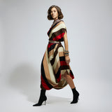SAMSARA STRIPE ONE SHOULDER COWL DRESS TEAMED WITH A BELT
