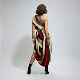 SAMSARA STRIPE ONE SHOULDER COWL DRESS TEAMED WITH A BELT
