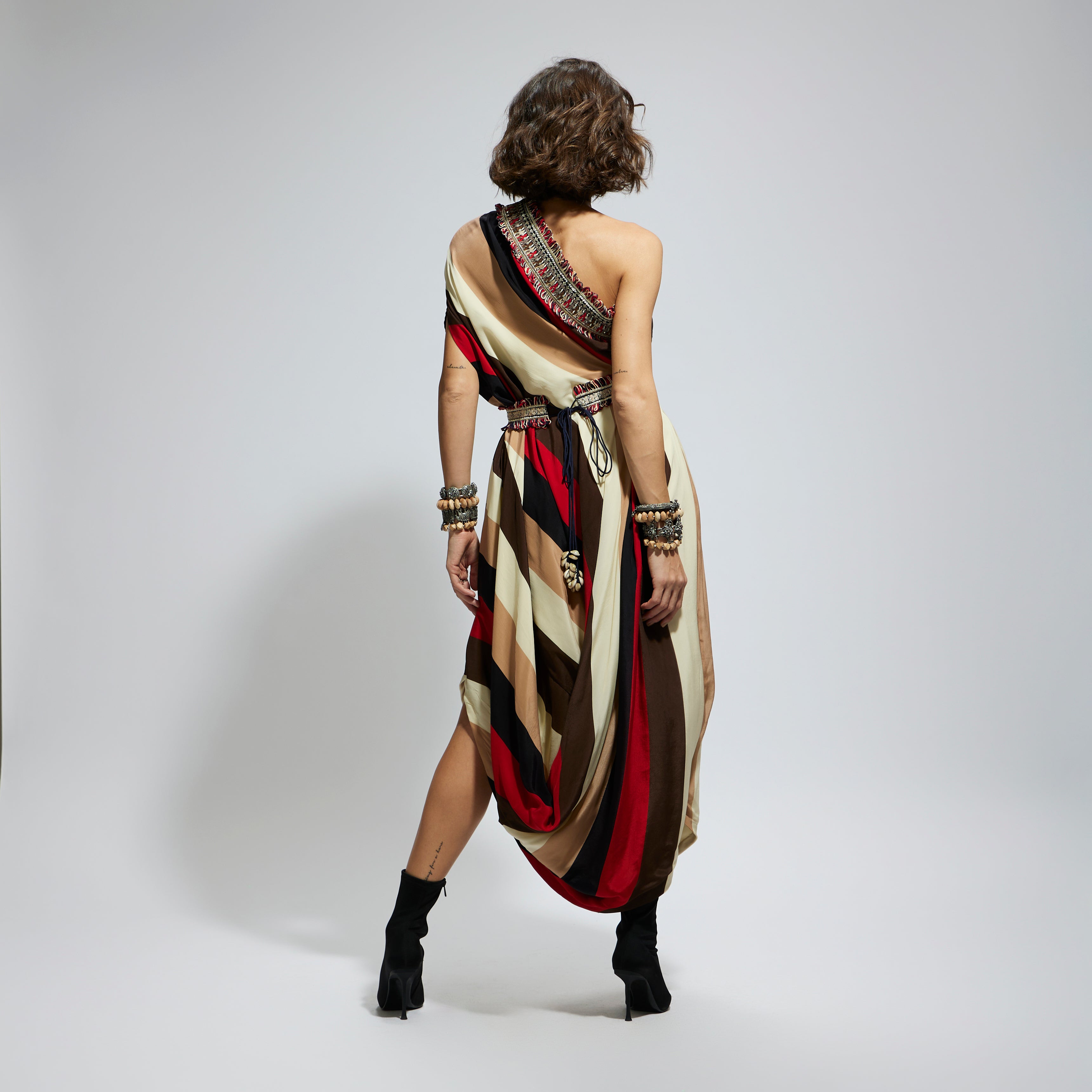 SAMSARA STRIPE ONE SHOULDER COWL DRESS TEAMED WITH A BELT