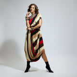 SAMSARA STRIPE ONE SHOULDER COWL DRESS TEAMED WITH A BELT