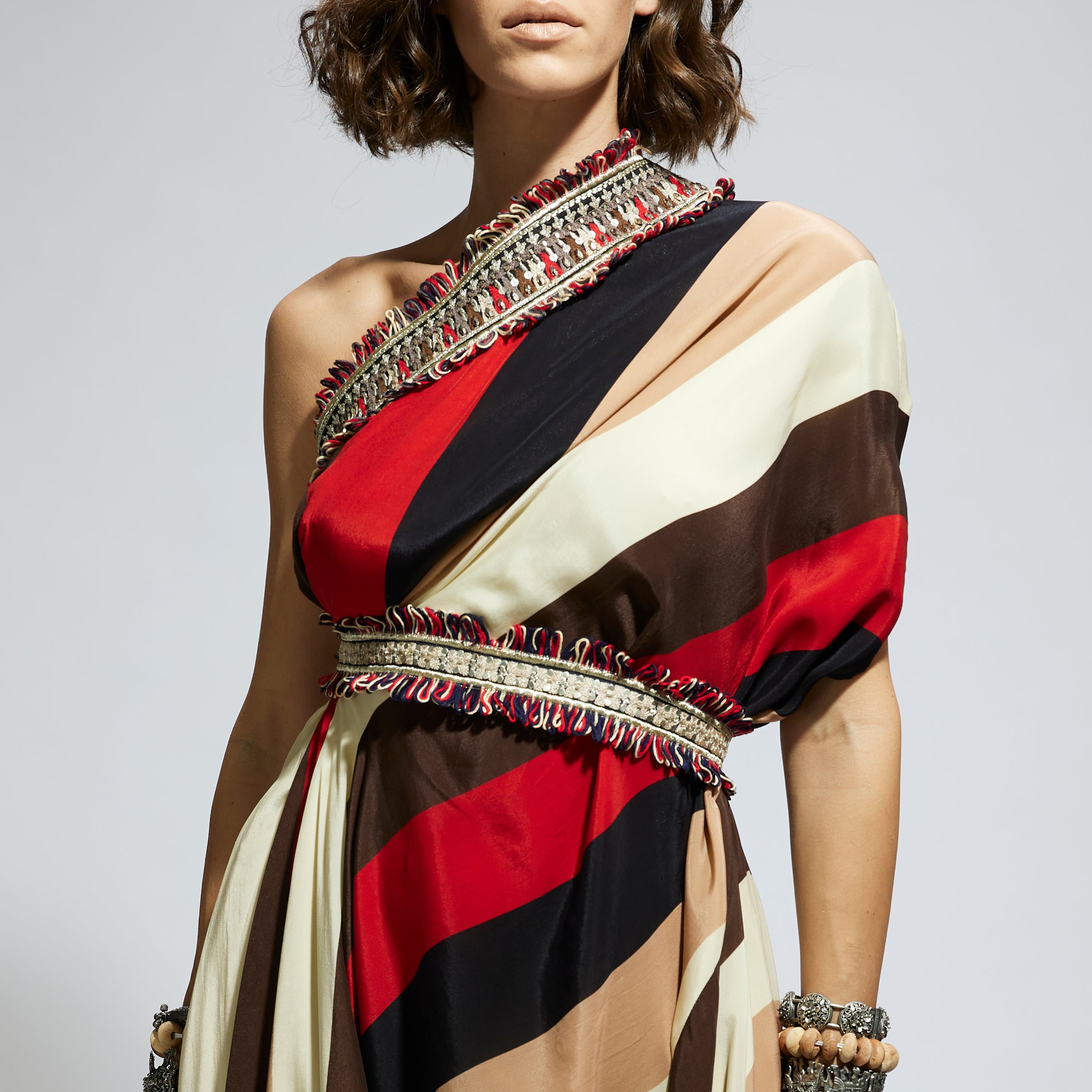 SAMSARA STRIPE ONE SHOULDER COWL DRESS TEAMED WITH A BELT