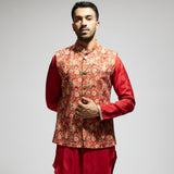ORANGE JAAL EMBELLISHED BUNDI PAIRED WITH ORANGE DRAPE KURTA AND PANTS