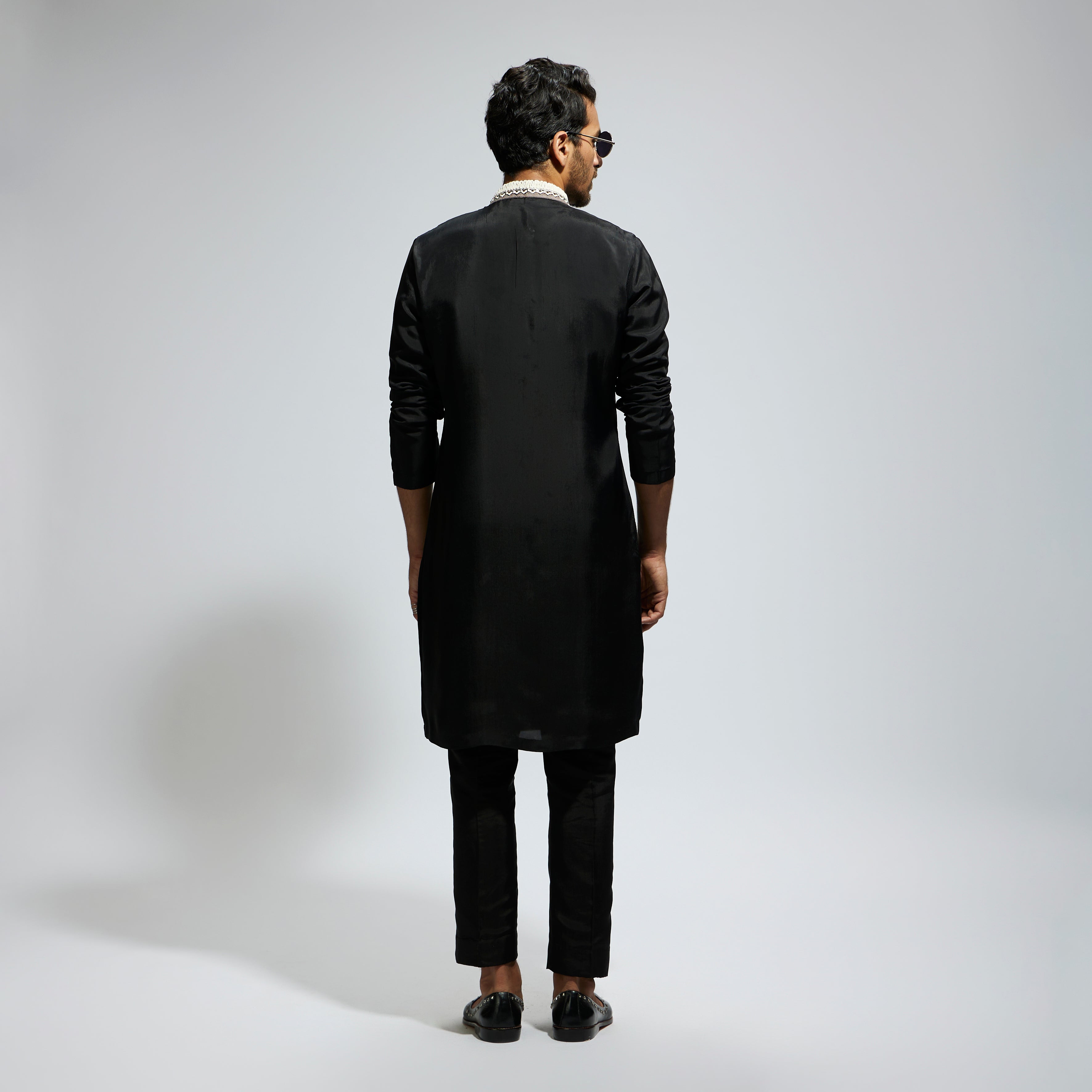 BLACK SOLID KURTA WITH EMB COLLAR AND KURTA WITH PANTS