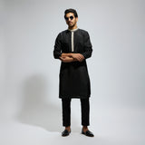 BLACK SOLID KURTA WITH EMB COLLAR AND KURTA WITH PANTS