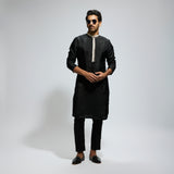 BLACK SOLID KURTA WITH EMB COLLAR AND KURTA WITH PANTS