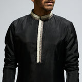 BLACK SOLID KURTA WITH EMB COLLAR AND KURTA WITH PANTS