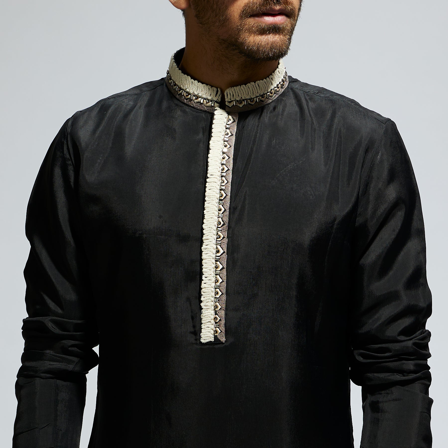 BLACK SOLID KURTA WITH EMB COLLAR AND KURTA WITH PANTS