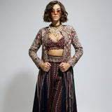 BLUE THREADWORK EMBELLISHED JACKET PAIRED WITH TEXTURED BUSTIER AND BLUE PRINTED SHARARA PANTS