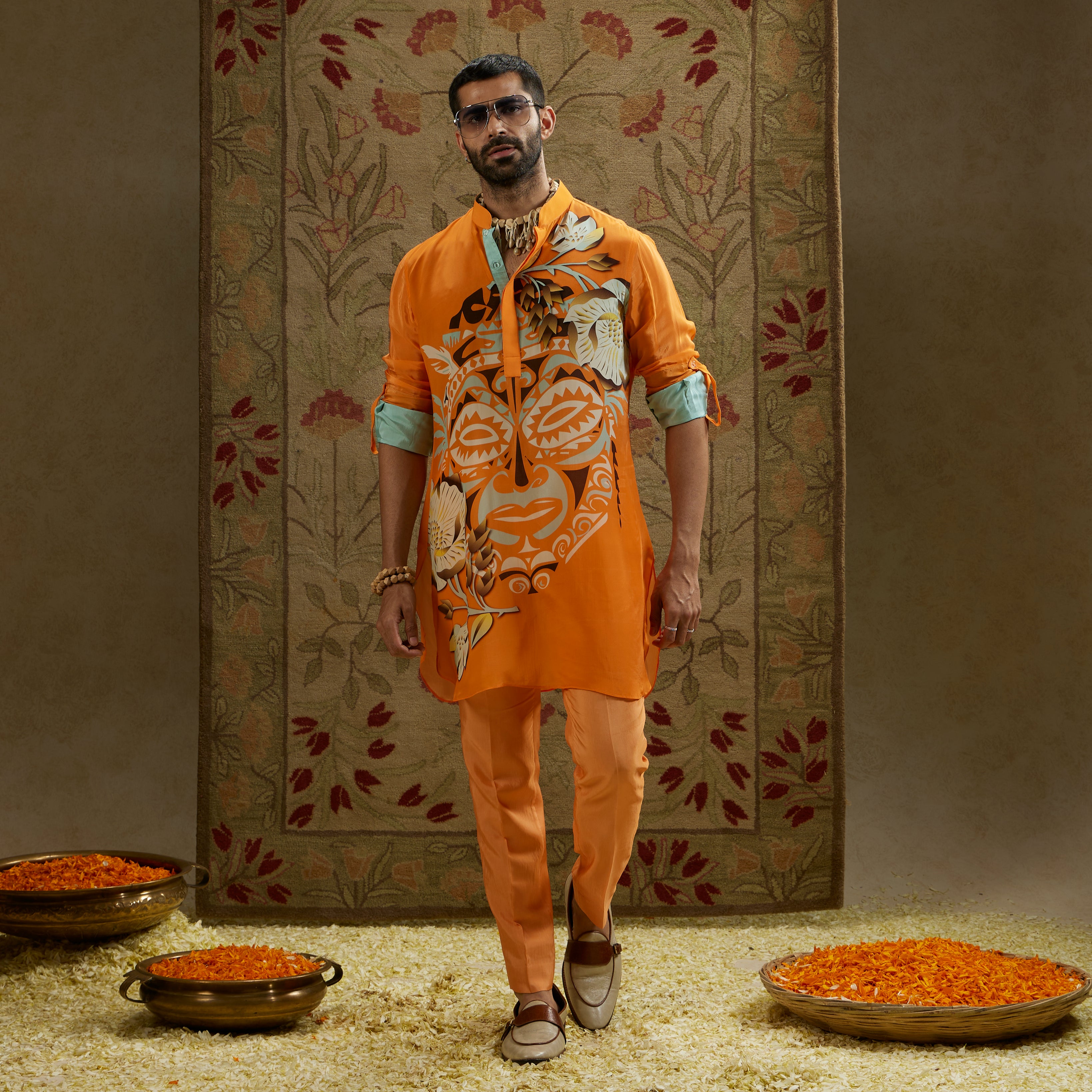 Orange Mask Print Rolled-Up Sleeves