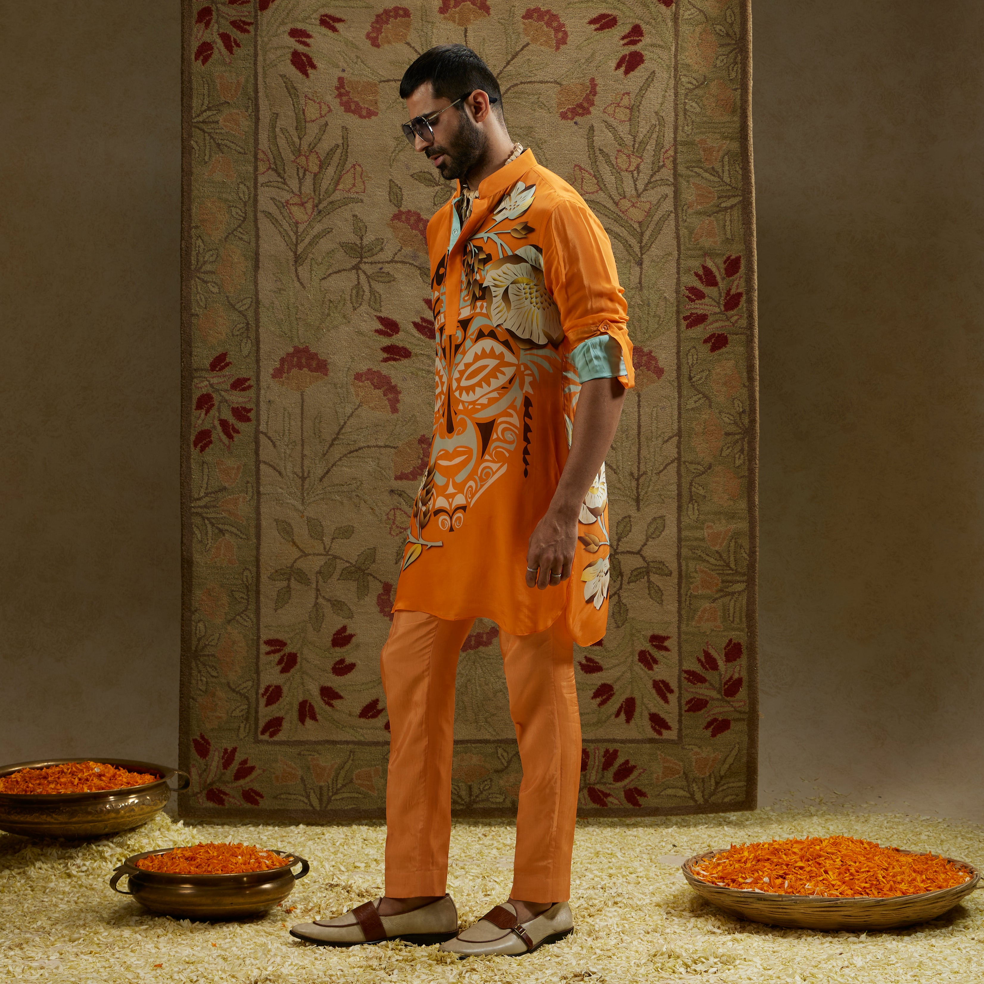 Orange Mask Print Rolled-Up Sleeves