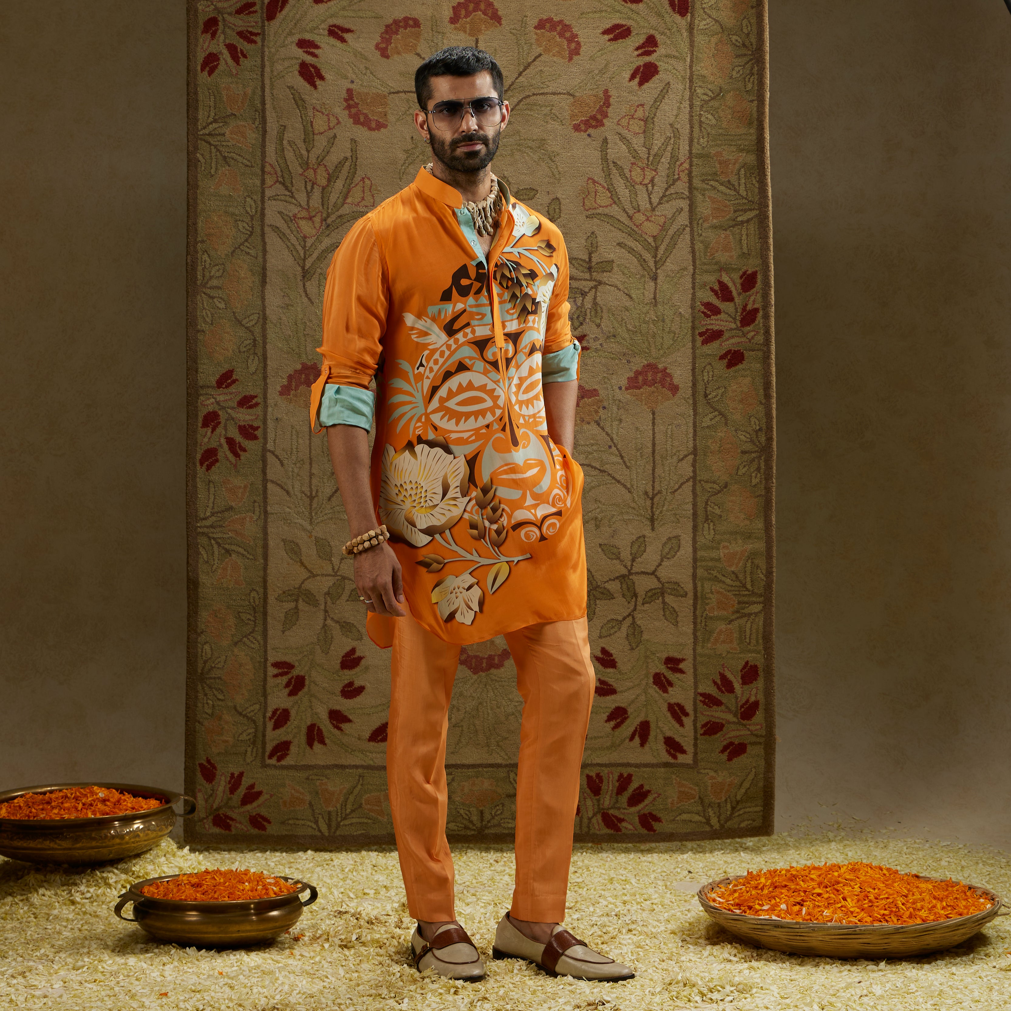 Orange Mask Print Rolled-Up Sleeves