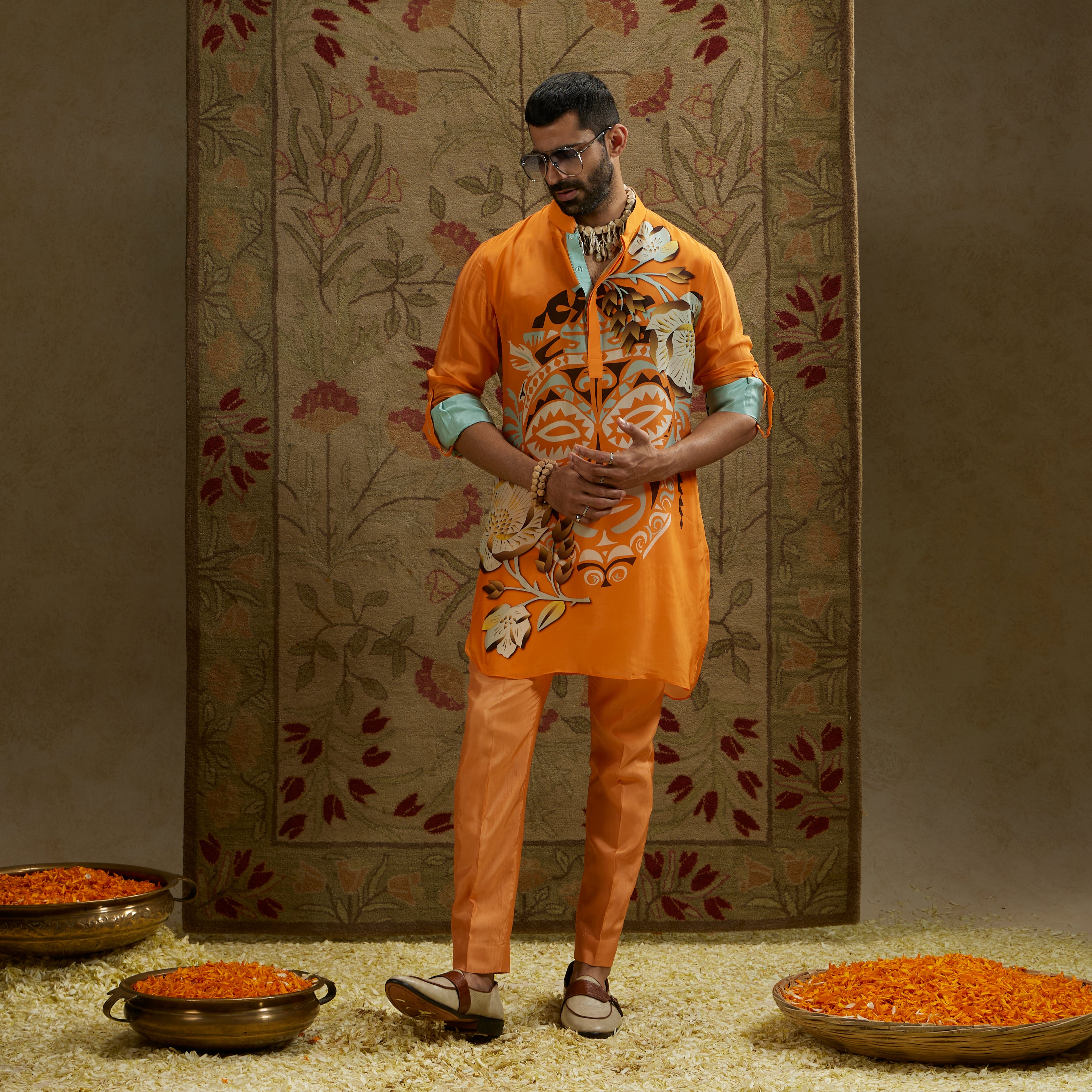 Orange Mask Print Rolled-Up Sleeves