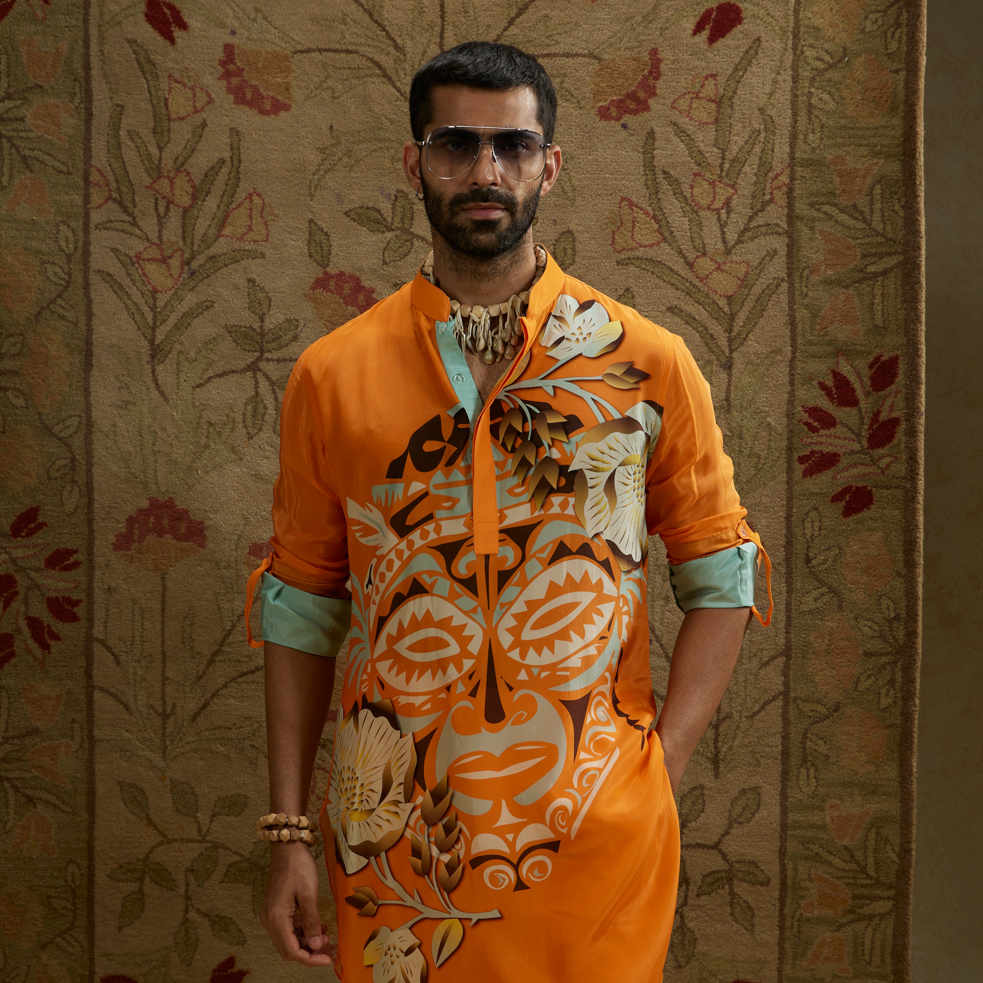Orange Mask Print Rolled-Up Sleeves