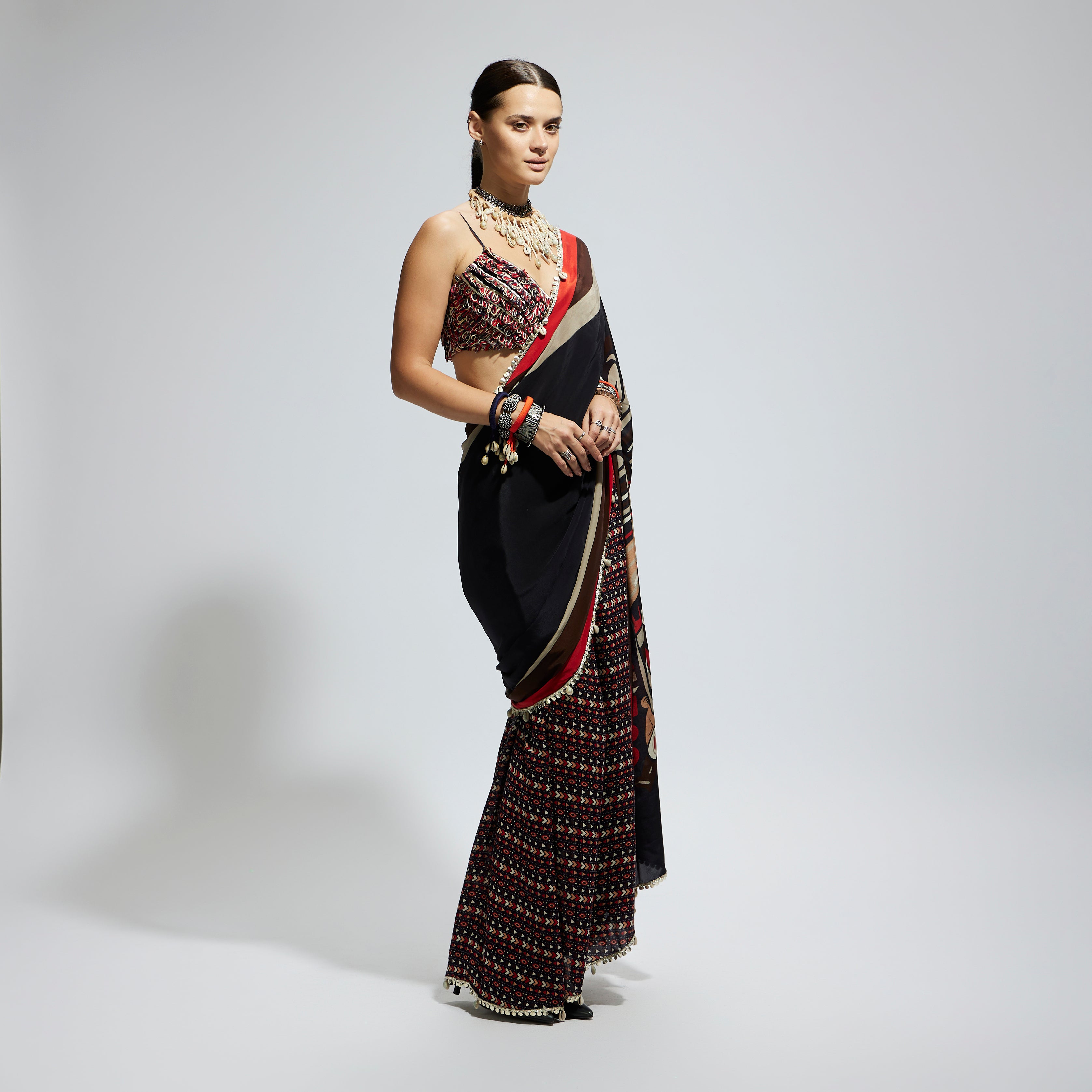 BLACK MASK PRINT CASCADE SAREE WITH TEXTURED BUSTIER