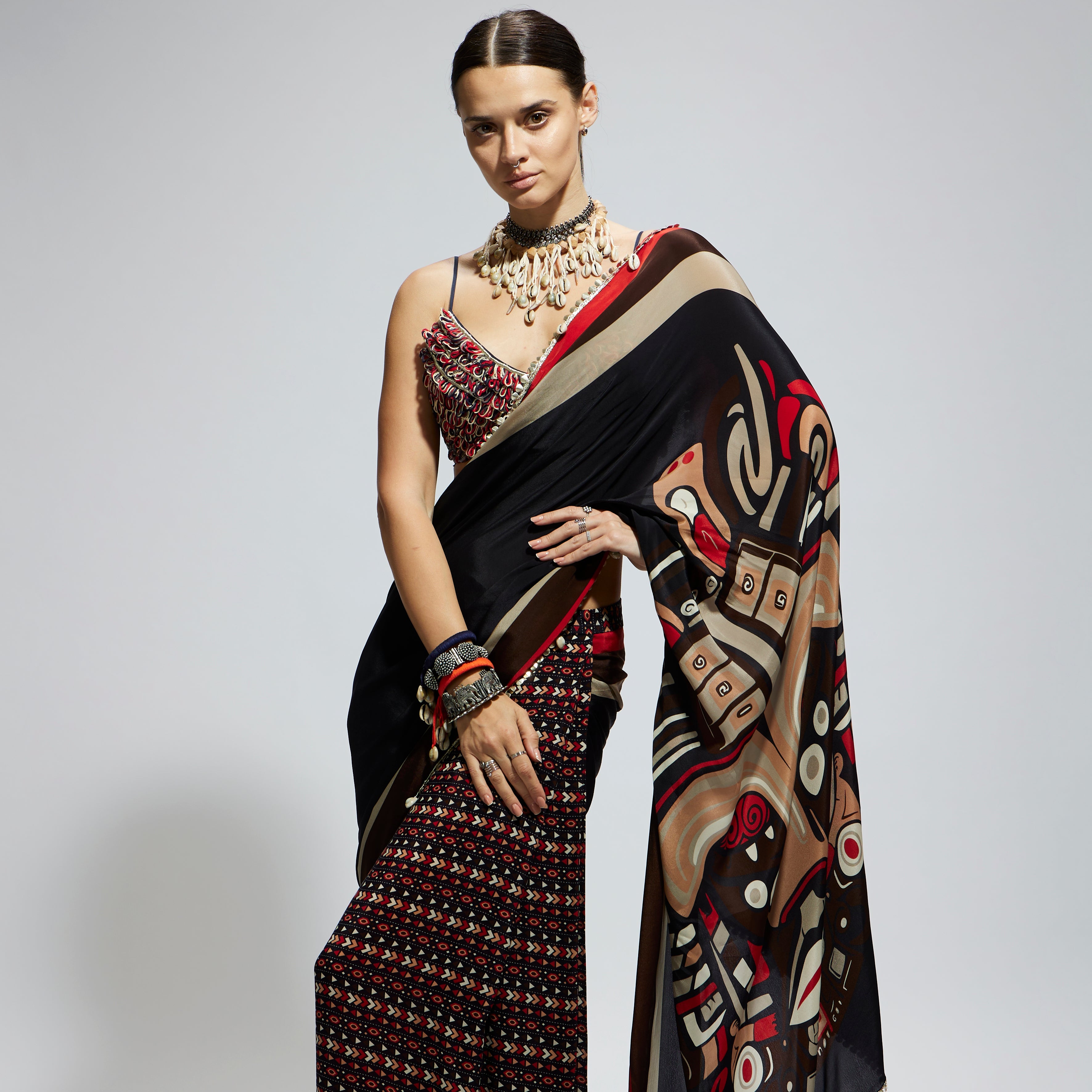 BLACK MASK PRINT CASCADE SAREE WITH TEXTURED BUSTIER