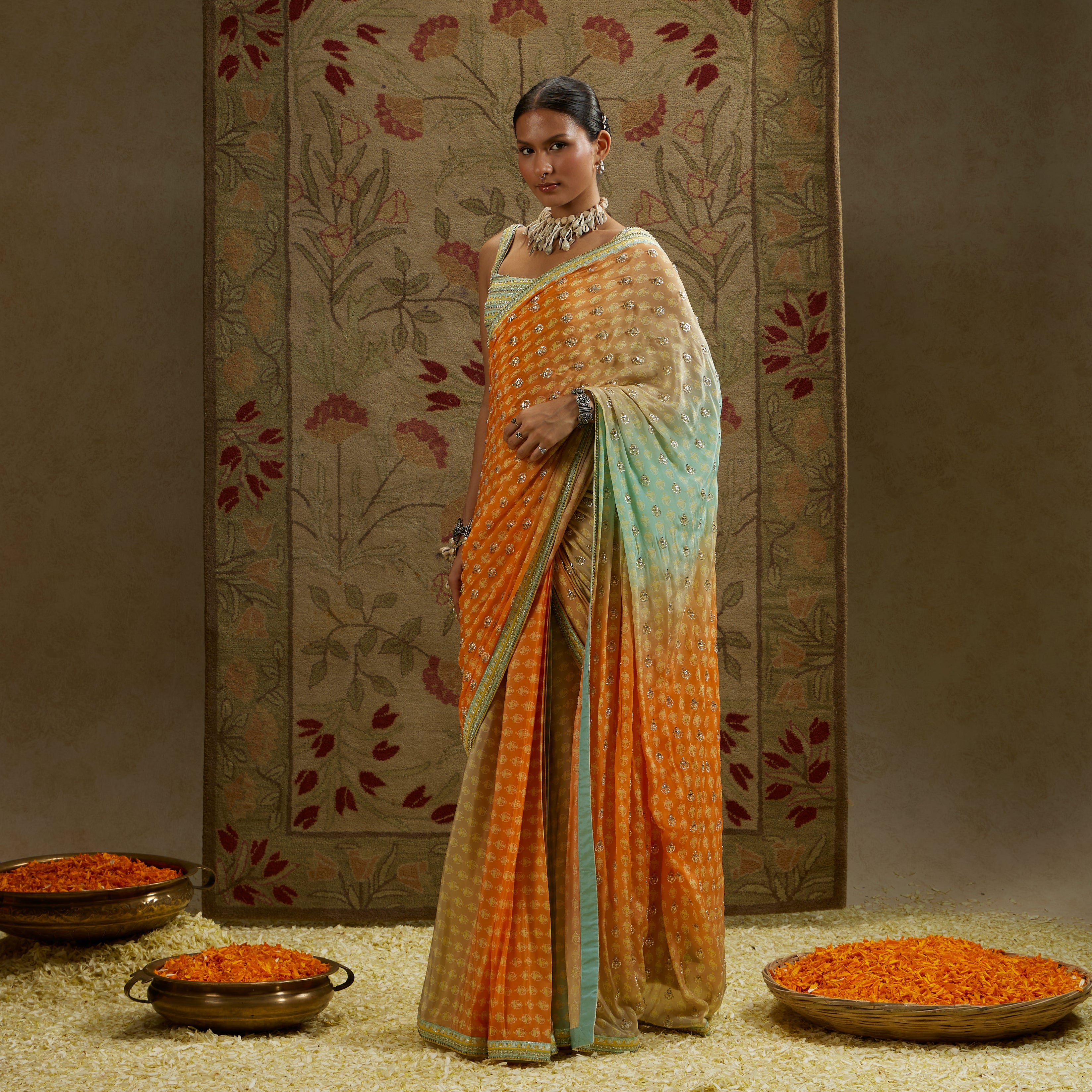 Embellished Bustier with Orange Blue Embellished Saree