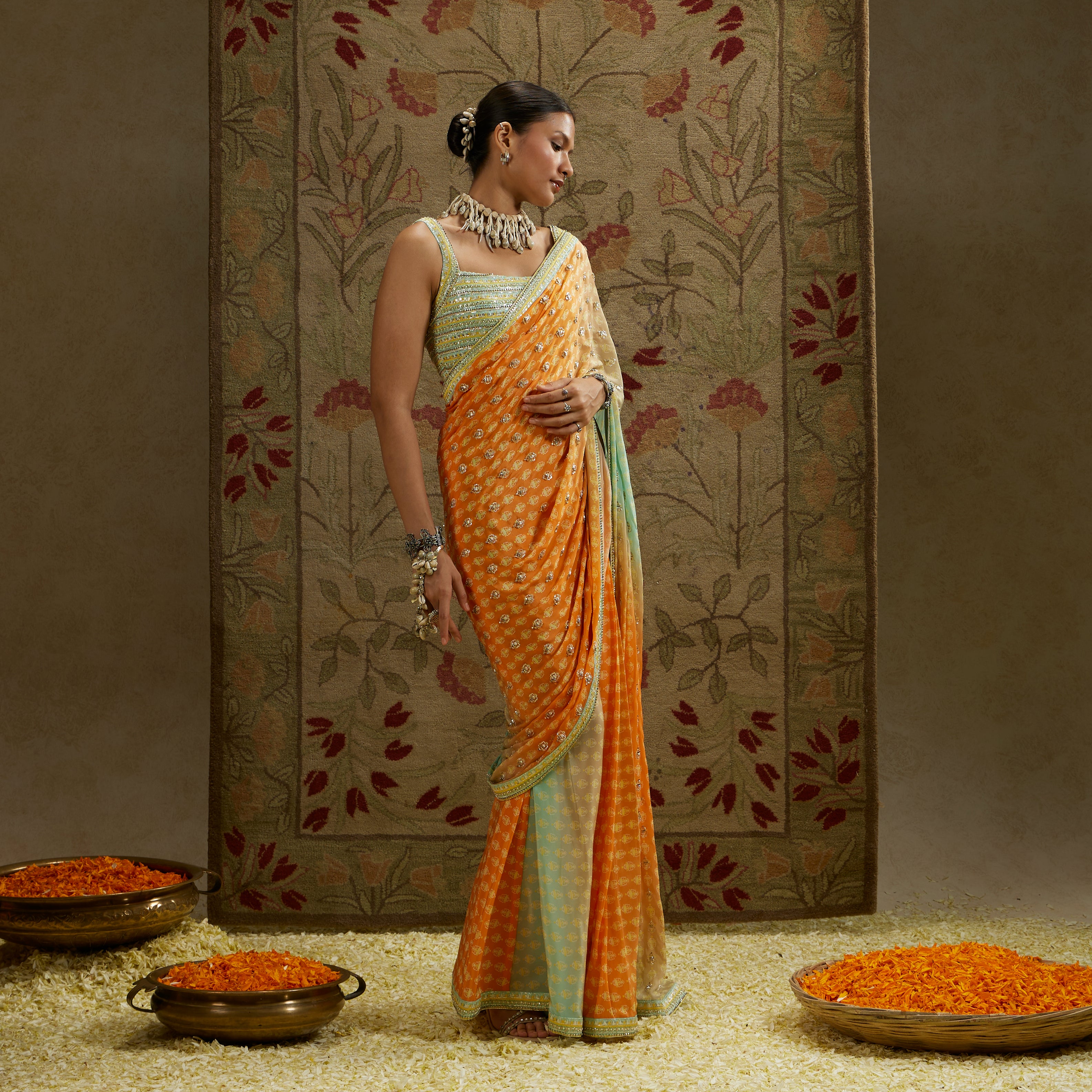 Embellished Bustier with Orange Blue Embellished Saree