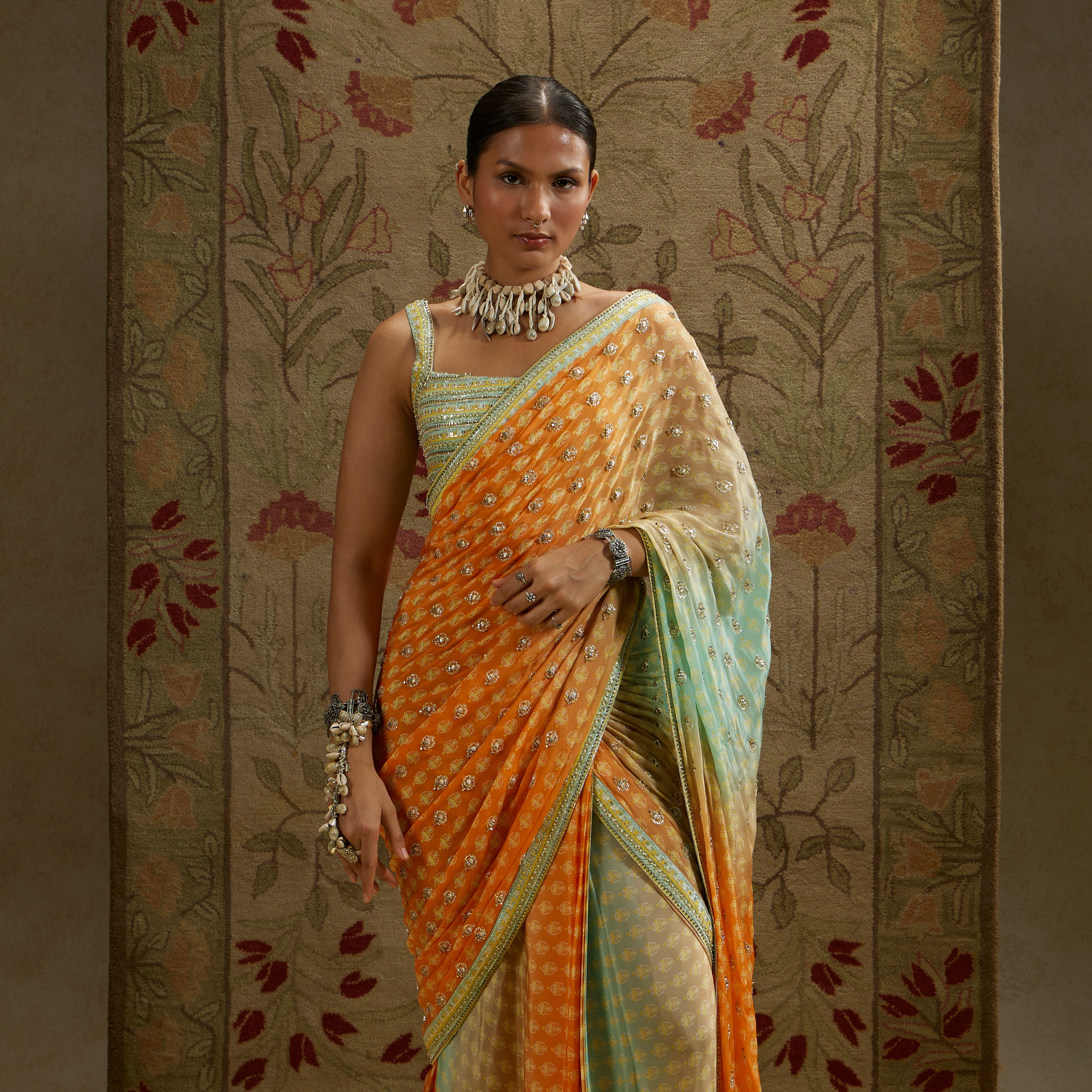 Embellished Bustier with Orange Blue Embellished Saree