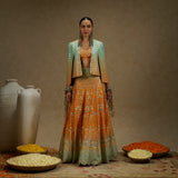 Orange Blue Embellished Cape Jacket with Bustier and Ombre Lehenga