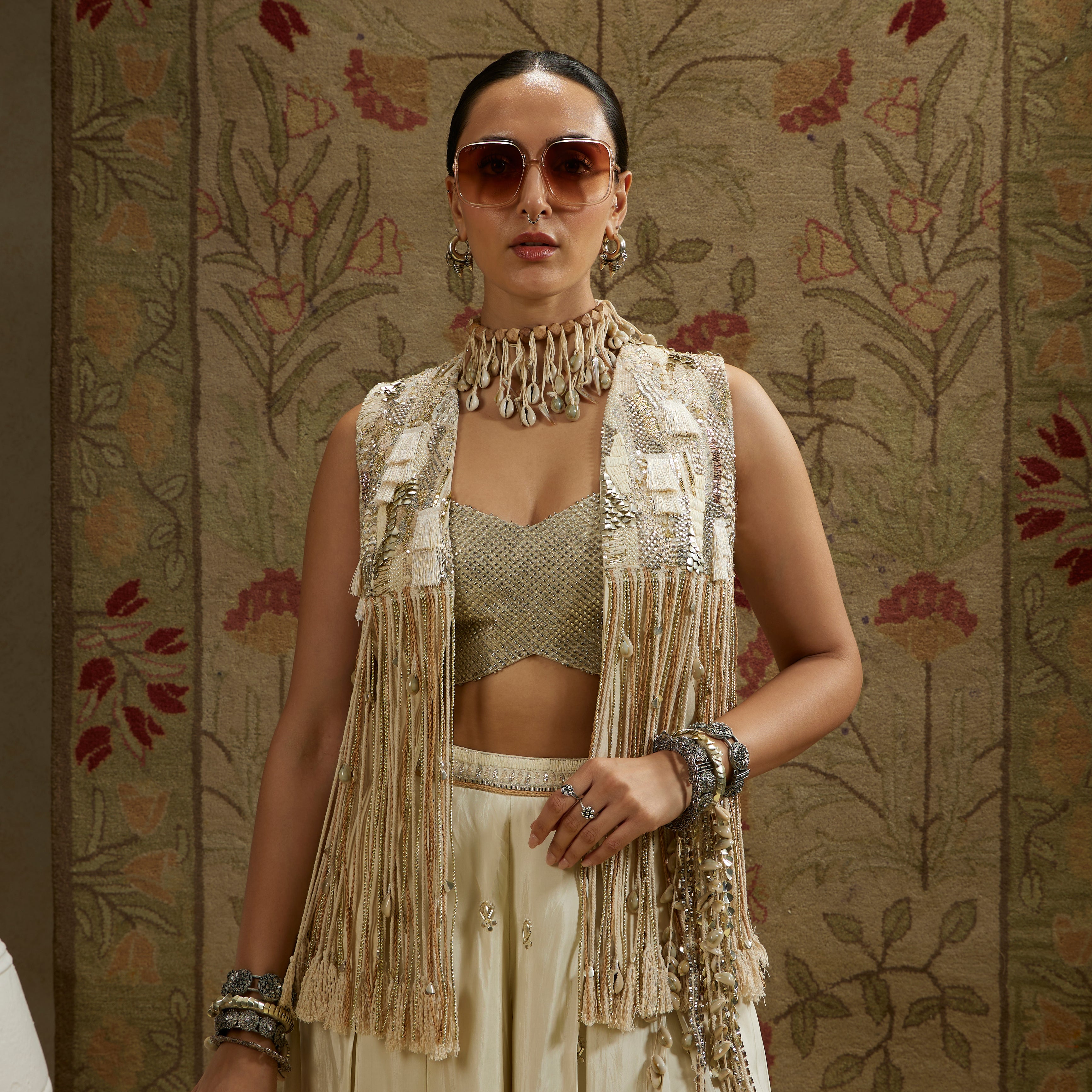 Magnolia Cream Threadwork Fringe Jacket with Metallic Bustier and Flared Pants