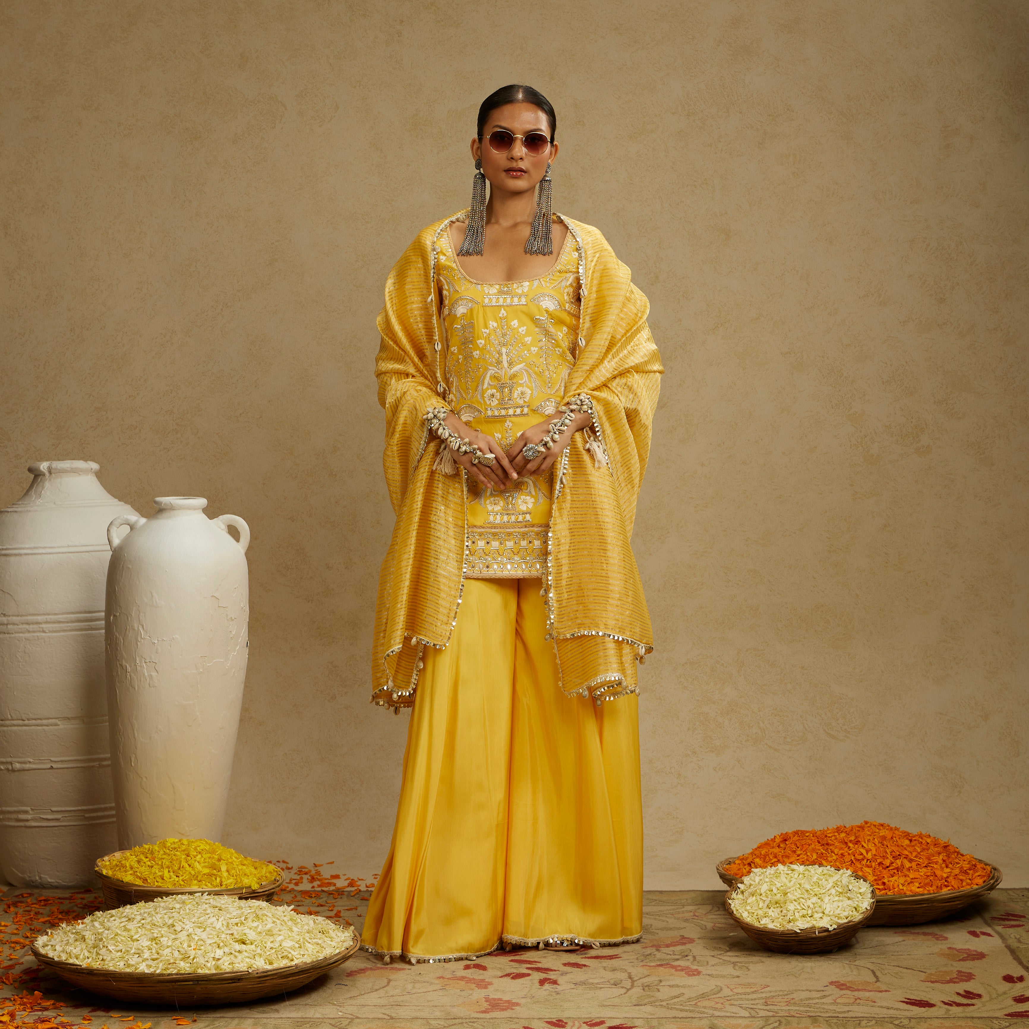 Dandelion Yellow Embellished Butta Kurta with Pants and Stripe Dupatta