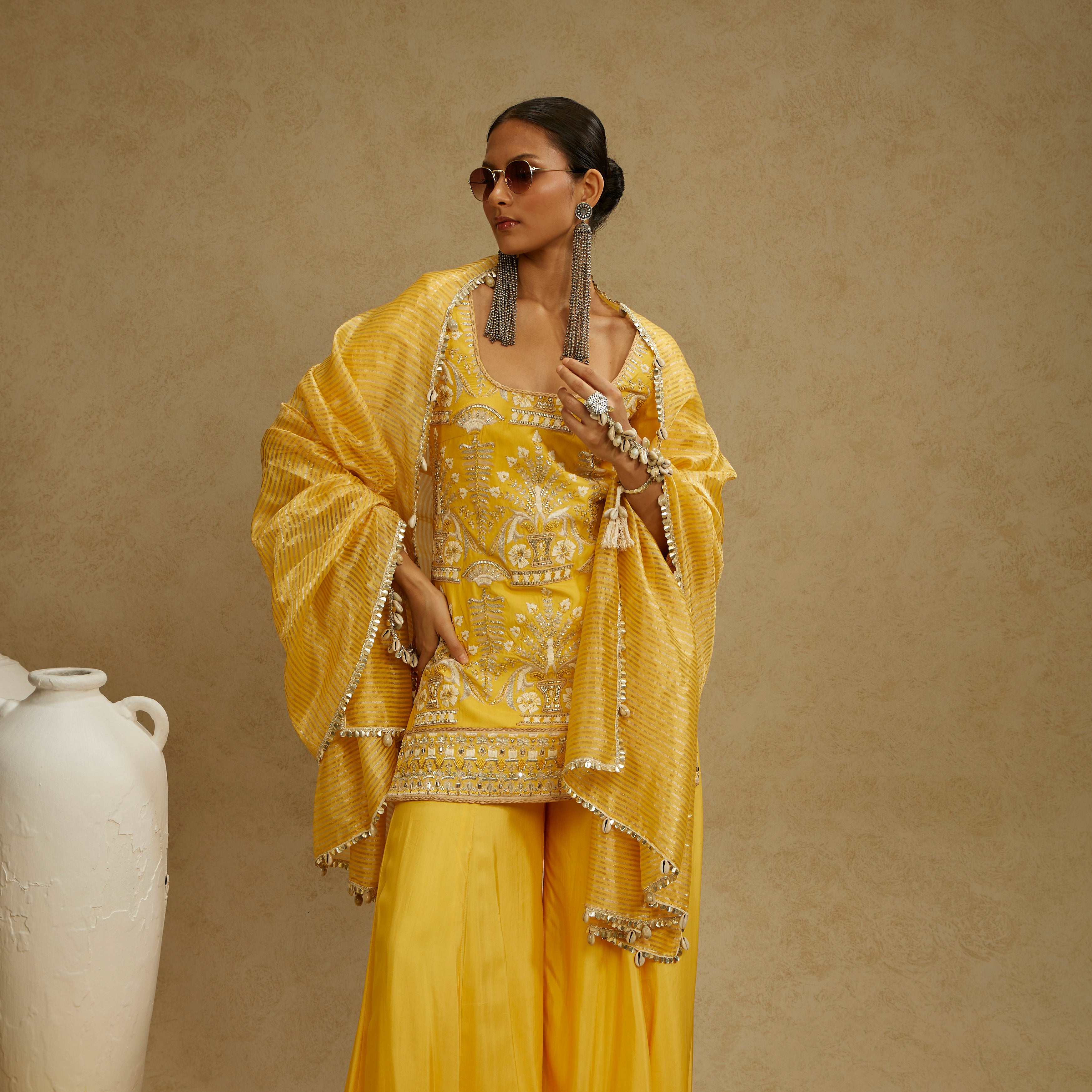 Dandelion Yellow Embellished Butta Kurta with Pants and Stripe Dupatta
