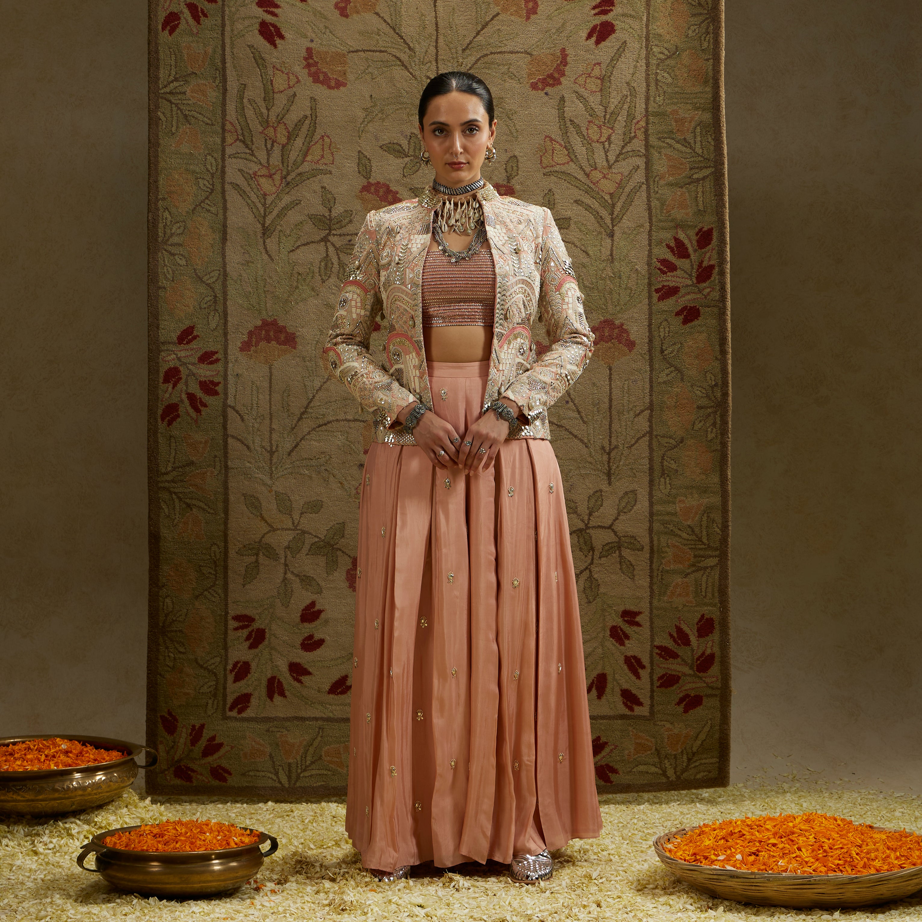 Pink Embellished Jacket with Bustier and Pleated Pants