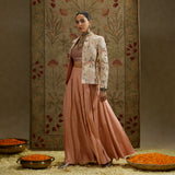 Pink Embellished Jacket with Bustier and Pleated Pants