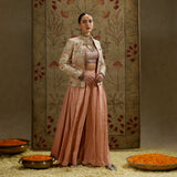 Pink Embellished Jacket with Bustier and Pleated Pants