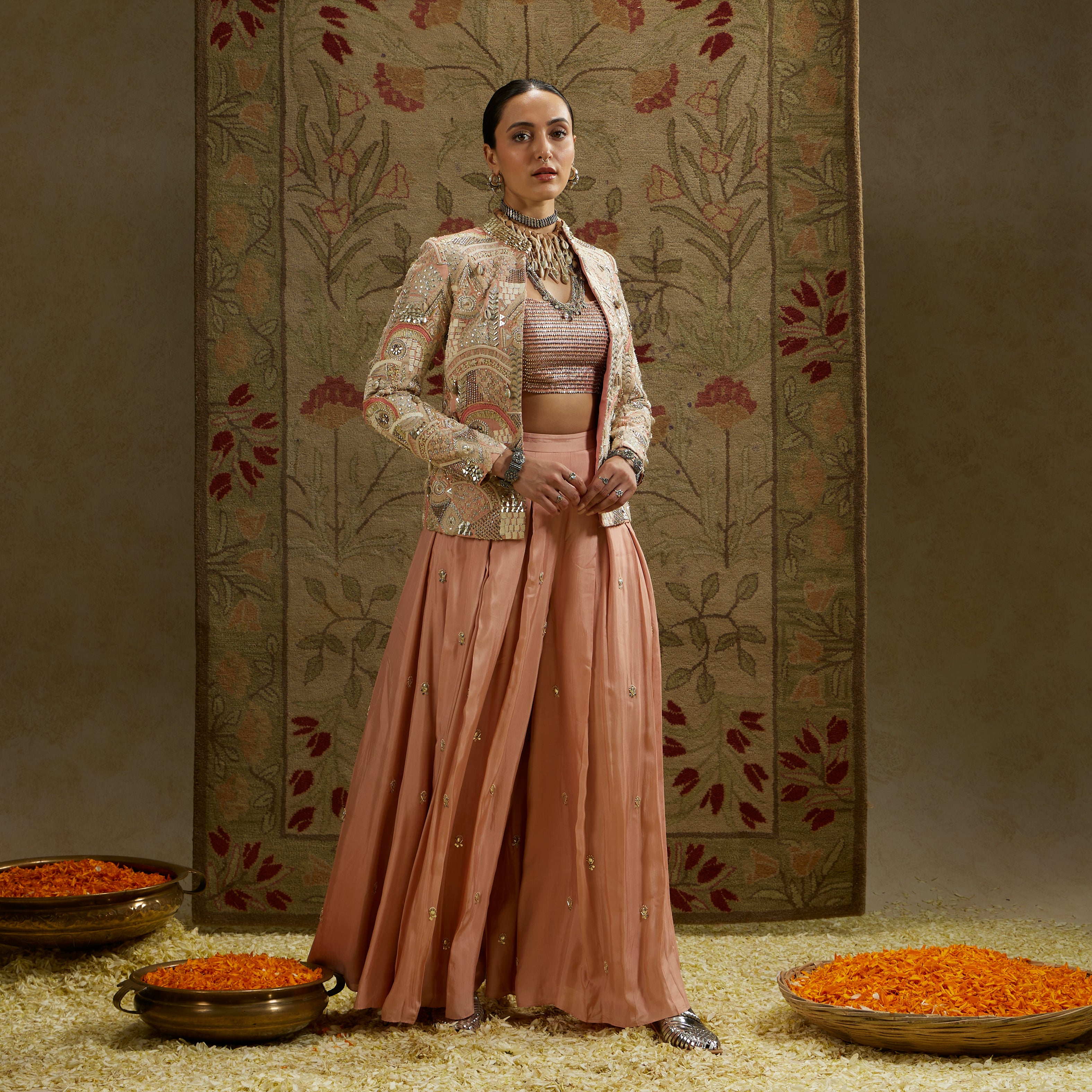 Pink Embellished Jacket with Bustier and Pleated Pants
