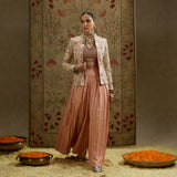 Pink Embellished Jacket with Bustier and Pleated Pants