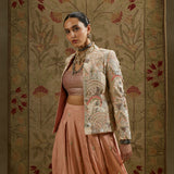 Pink Embellished Jacket with Bustier and Pleated Pants