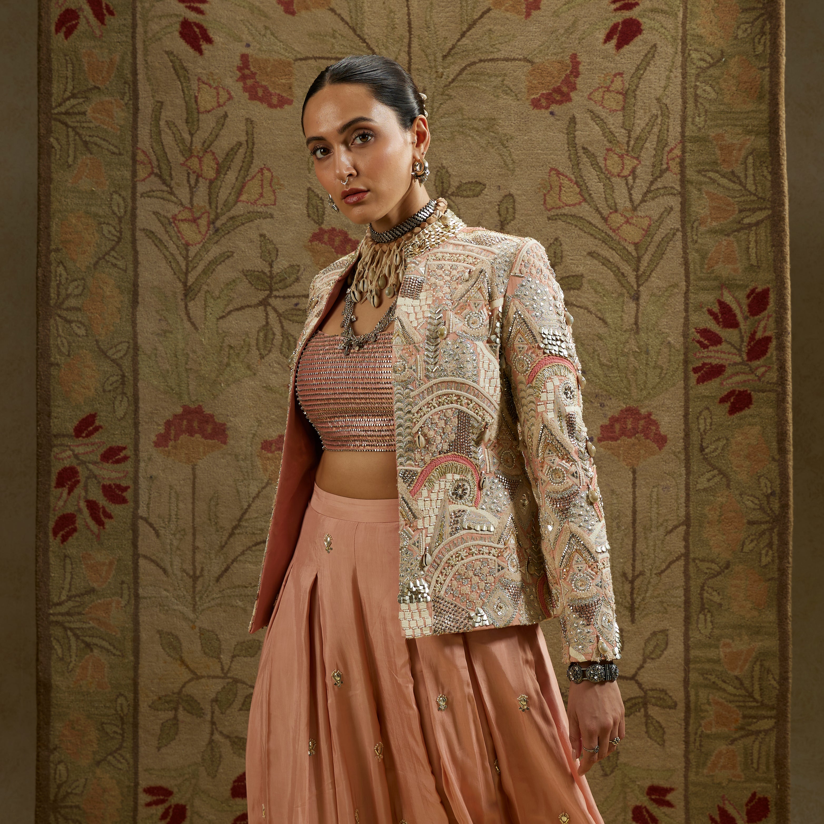 Pink Embellished Jacket with Bustier and Pleated Pants