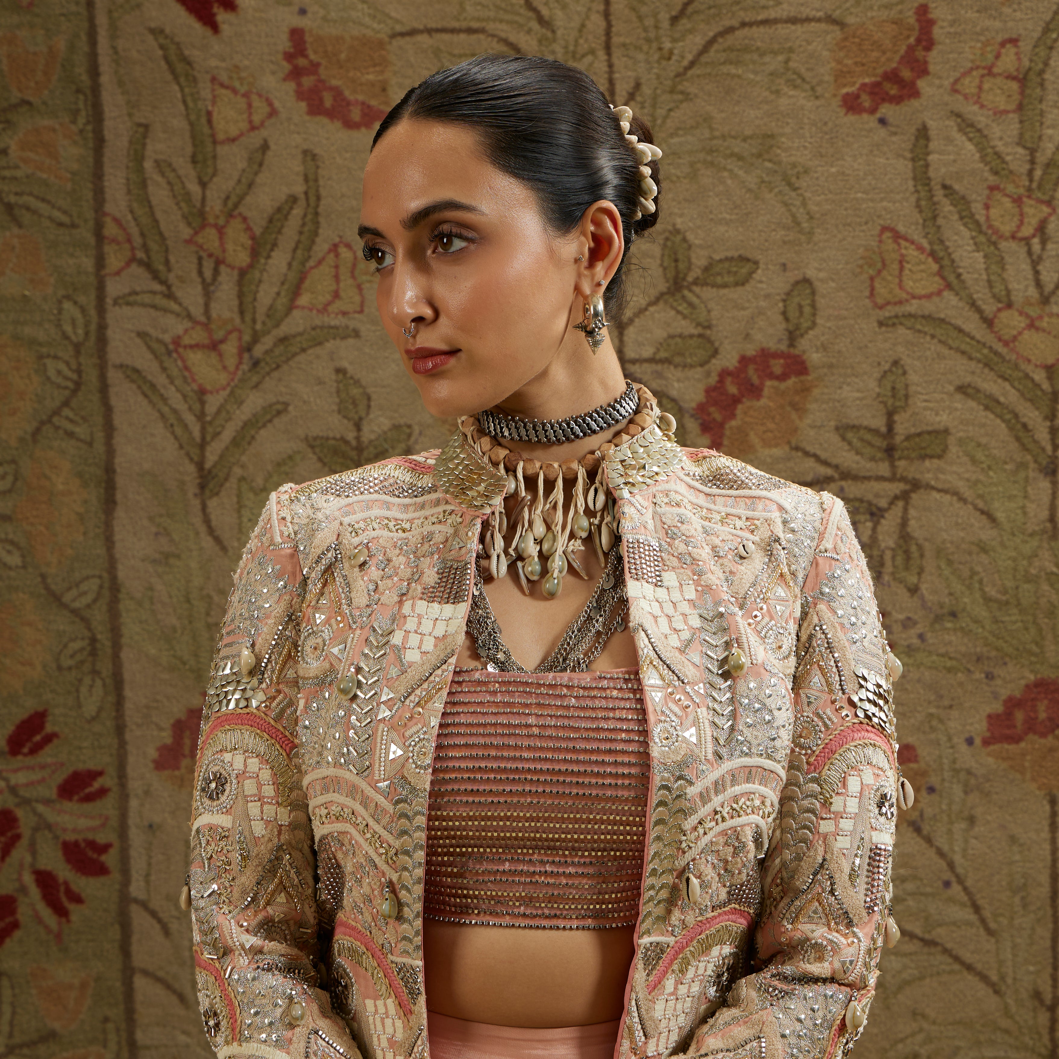 Pink Embellished Jacket with Bustier and Pleated Pants