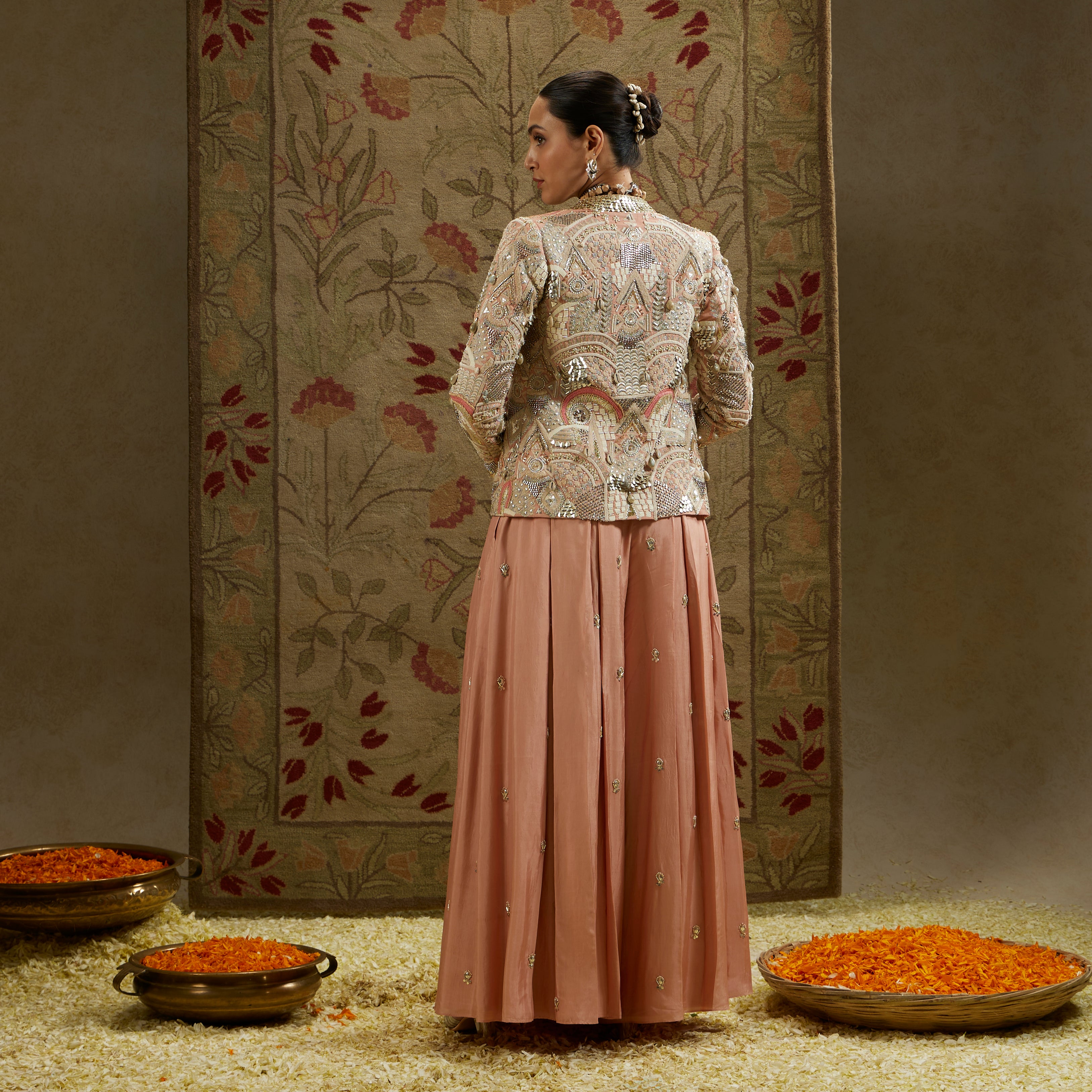 Pink Embellished Jacket with Bustier and Pleated Pants