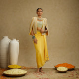 Dandelion Yellow Embellished Jacket with Bustier and High-Slit Skirt