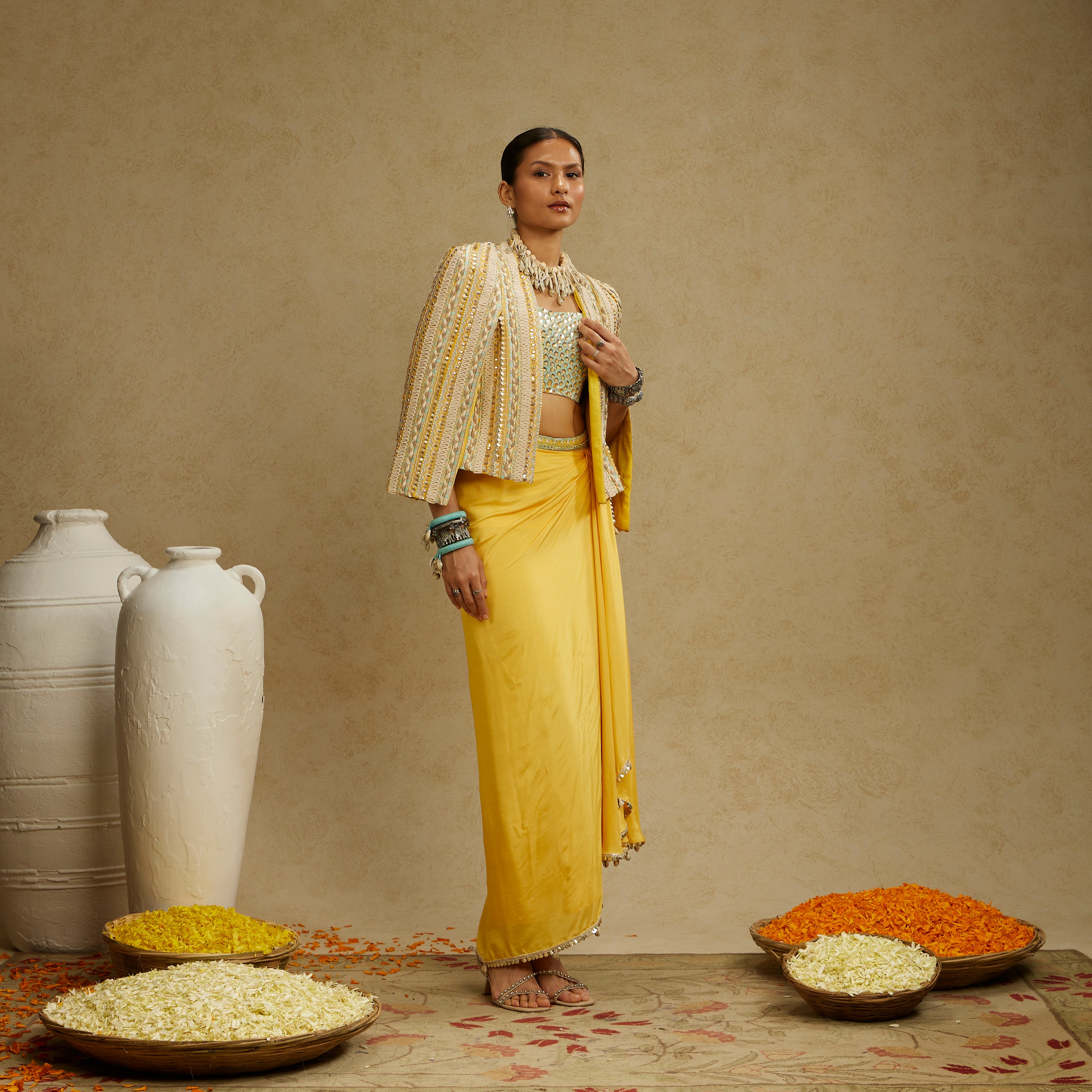 Dandelion Yellow Embellished Jacket with Bustier and High-Slit Skirt
