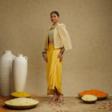 Dandelion Yellow Embellished Jacket with Bustier and High-Slit Skirt