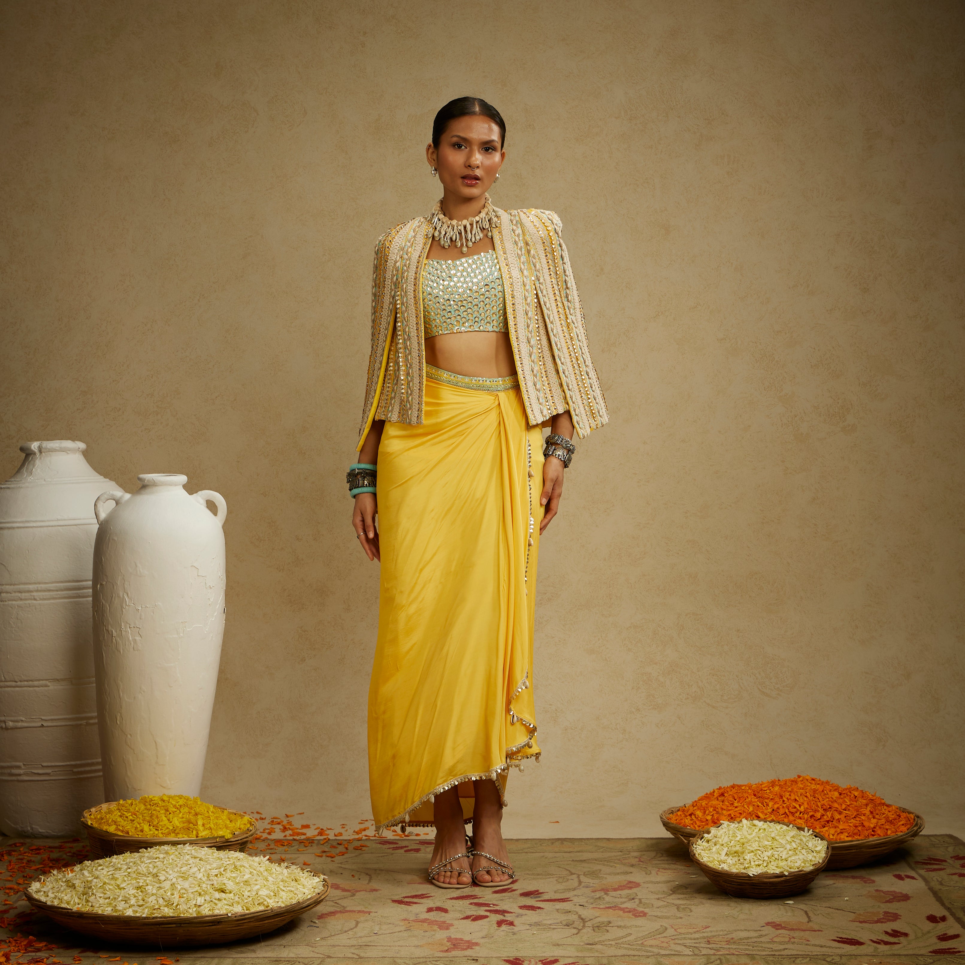 Dandelion Yellow Embellished Jacket with Bustier and High-Slit Skirt