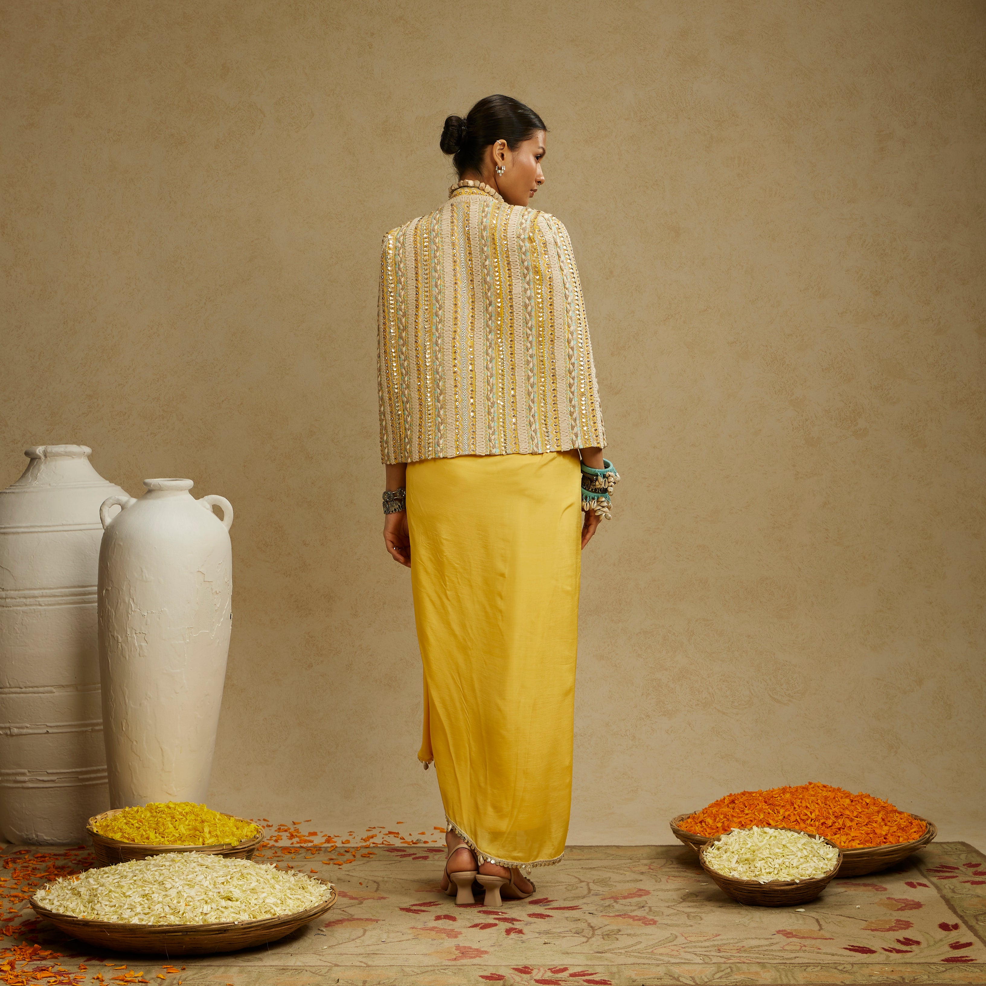 Dandelion Yellow Embellished Jacket with Bustier and High-Slit Skirt