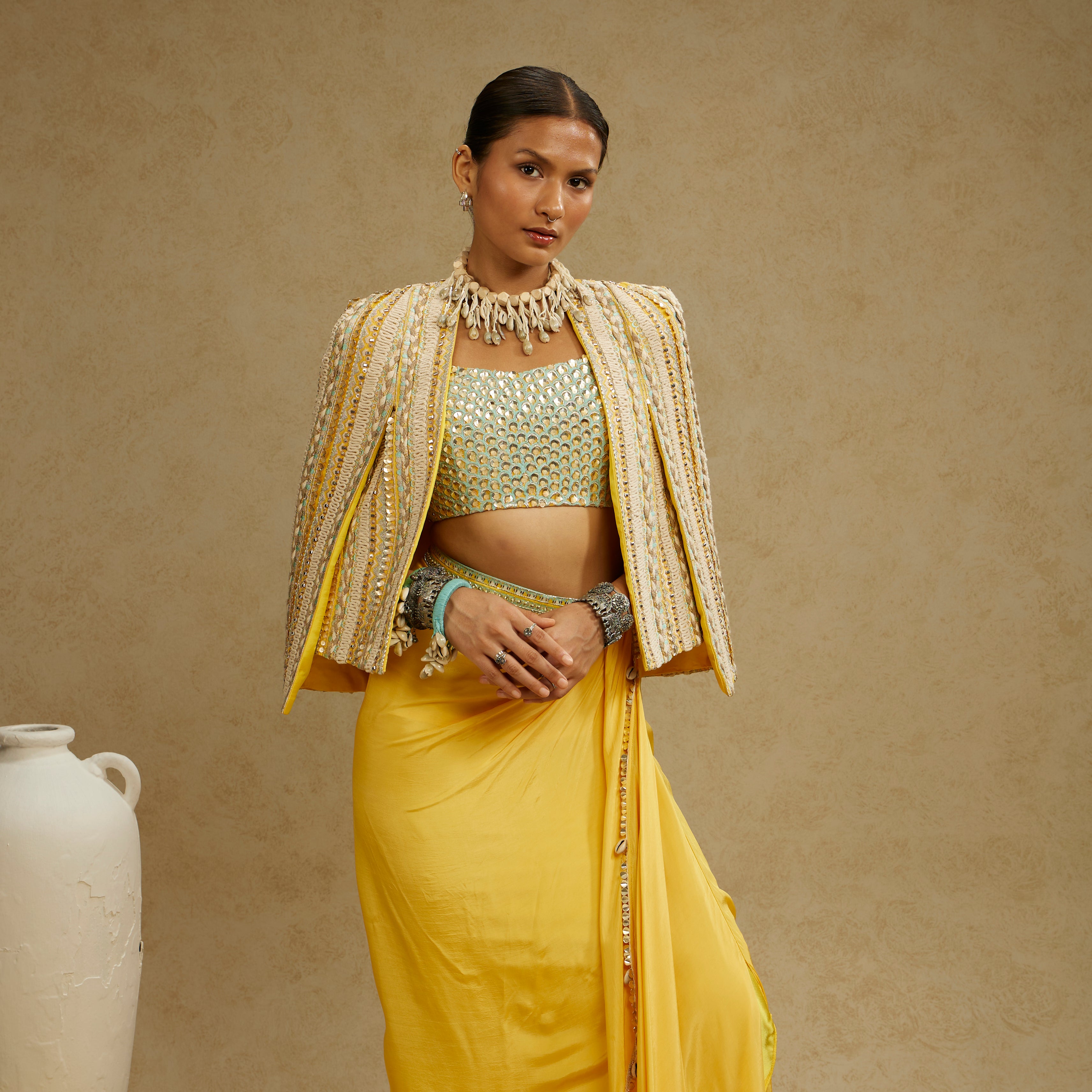 Dandelion Yellow Embellished Jacket with Bustier and High-Slit Skirt